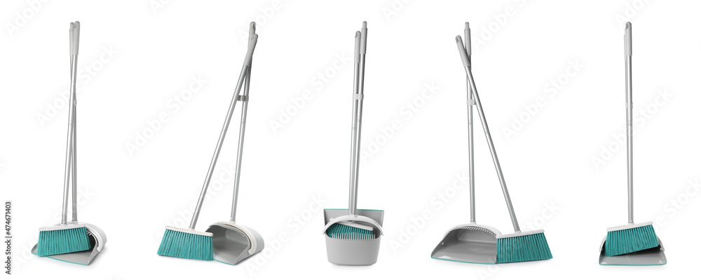 Set with plastic brooms and dustpans on white background. Banner design Set with plastic brooms and dustpans on white background. Banner design
