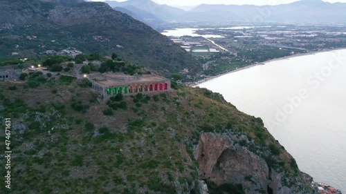 Vista aerea del tempio di Giove Anxur a Terracina. Un Paesaggio bellissimo in riva al mare. Una costruzione dell’antica Roma
 photo