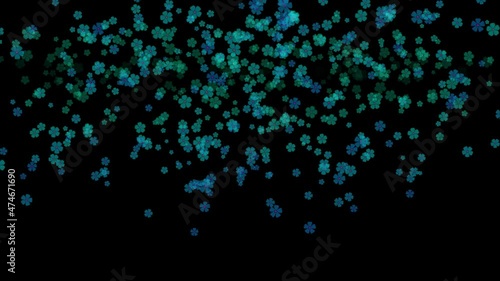 Umherfliegende stilisierte Blüten in veränderlichen Farben von blaugrün über grün bis violett.  vor schwarzem Hintergrund, Partikelsimulation 4K