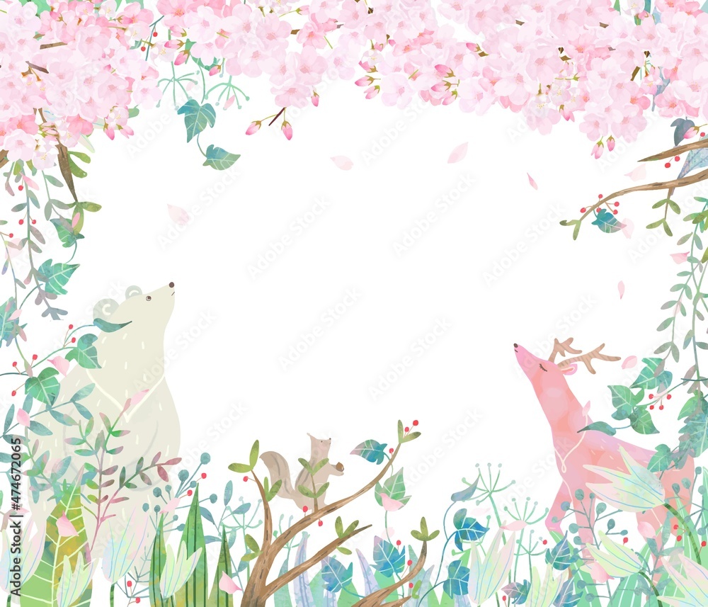 満開の桜の木と森の動物たちの春の北欧風かわいいフレームイラストベクター素材 Stock Vector Adobe Stock