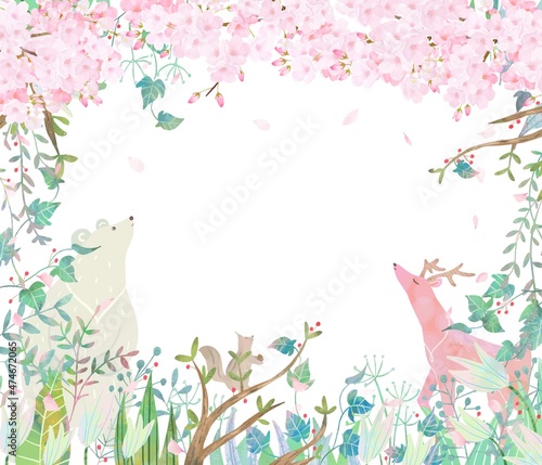 満開の桜の木と森の動物たちの春の北欧風かわいいフレームイラストベクター素材 
