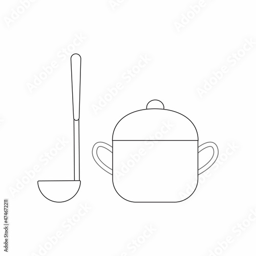 Metal stewpan with lid. Coloring book page for kids. Cartoon style. Vector illustration isolated on white background.