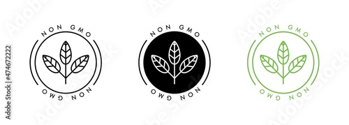 Non GMO label set. GMO free icons. Label for no gmo added product package icon design template. Healthy organic food concept. Vegan, bio. Vector illustration of different gmo free emblems.