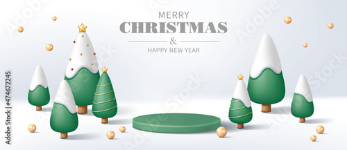 Green pedestal or podium with Christmas trees and pearls on white background.  Christmas concept. Vector illustration for product demonstration, banner, poster, flyer, advertisement.