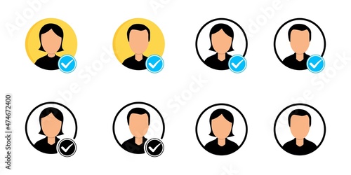 Avatar profile picture icon set including male and female. Human profile account check mark, avatar button. User authorized, Checked verified member, applied person sign. Vector illustration.