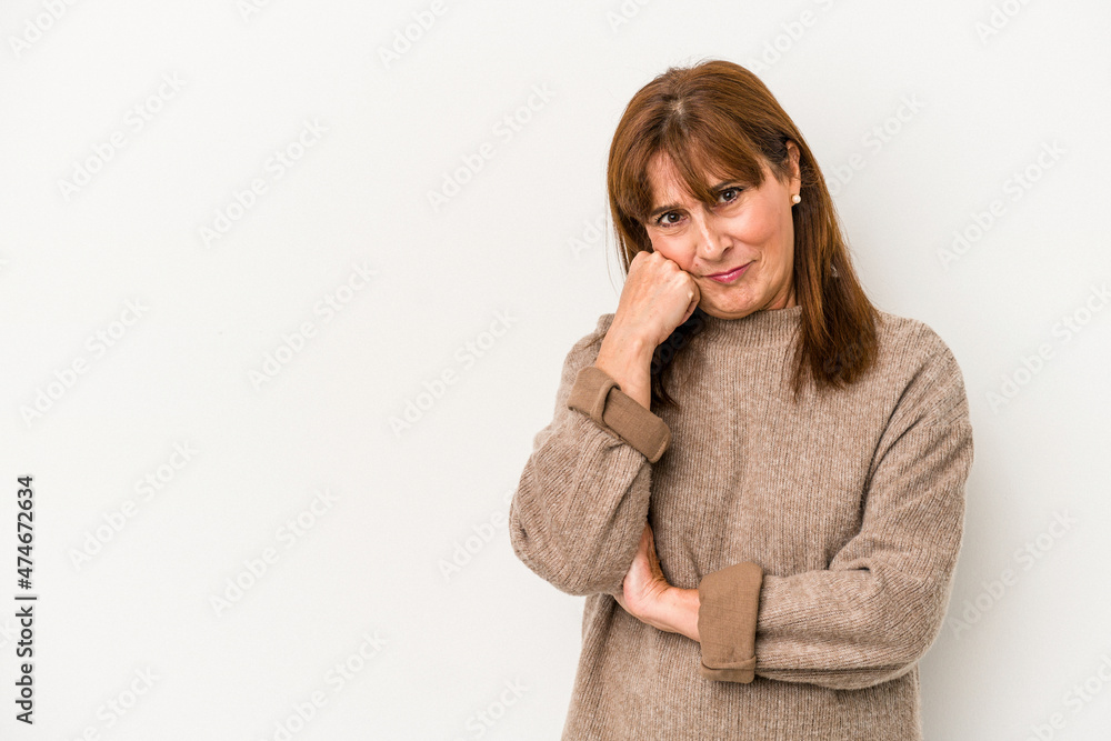 Middle age caucasian woman isolated on white background who feels sad and pensive, looking at copy space. Middle age caucasian woman isolated on white background who feels sad and pensive, looking at copy space.