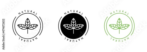 100 percent natural vector. Organic ingredients green leaf label stamp. Vector icon vegan food or nature ingredients nutrition, organic bio pharmacy and natural skincare cosmetic product
