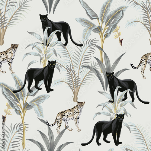Vintage tropical floral plant, banana tree, leopard, black panther wildlife animal seamless pattern grey background. Exotic summer wallpaper. photo