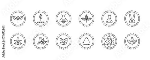 Organic cosmetic line icons set. Eco line badge. Handmade eco logos, natural organic cosmetics vegan food symbols. Product free allergen labels. Natural products badges. GMO free emblems. Vector