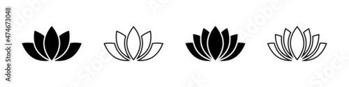 Lotuses, nelumbos black line icon. Blooming flowers pictograms collection. Yoga, ayurveda sacred symbol logos. Water lily logo design.