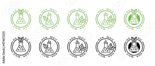 Non Toxic icon set. Set of eco badges. Non-toxic symbol. Chemical flask icon. Eco, laboratory, research and science symbol. Environmental chemistry line icon. Green care.