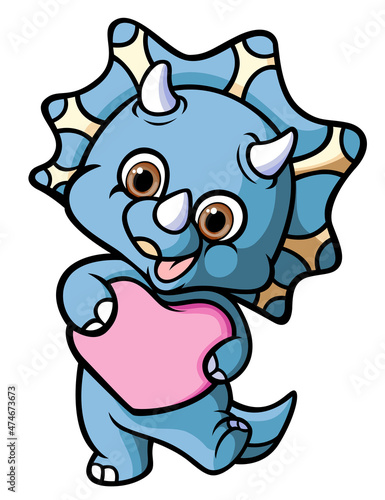 The cute triceratops is dancing and holding the love doll