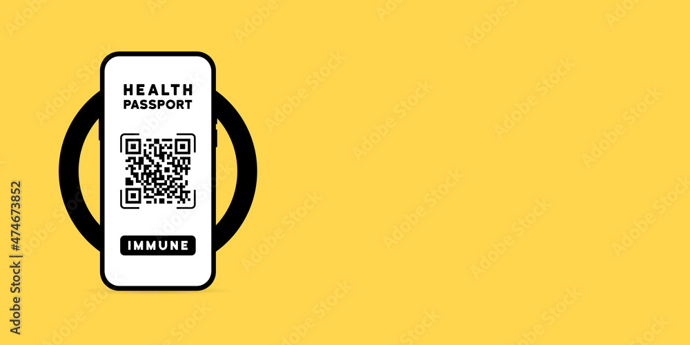 Green passport certificate on mobile phone with QR code and biometric