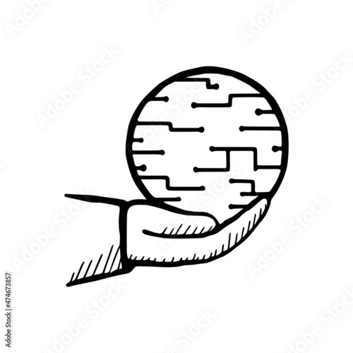 Hand holds technology sphere doodle icon. Metaverse concept. Vector illustration
