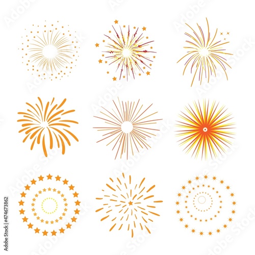 Flashes of festive fireworks set on a white background. Vector illustration.