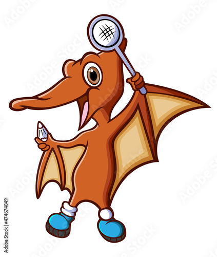 The pteranodon is playing the badminton and holding the racket