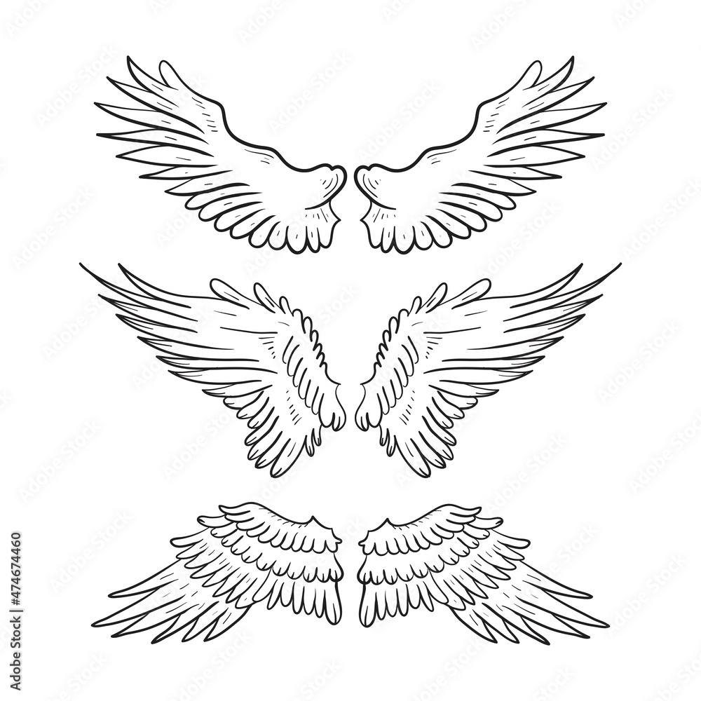 Set of angel wings contour drawing for tattoo. Vector illustration.