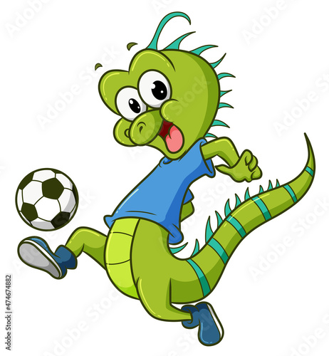 The happy iguana is playing the football