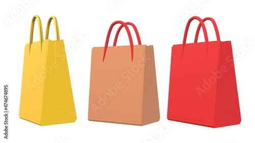 Bright multicolored shopping bag bags isolated white background beautiful 3d illustration