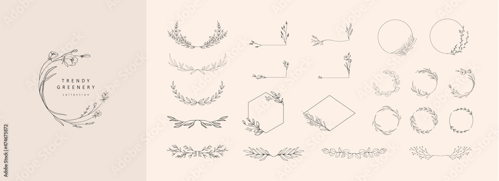 Set of elegant floral logo elements. Borders and dividers, frame corners and branch. Boho Hand drawn line wedding herb, leaves for invitation save the date card. Botanical rustic trendy greenery
