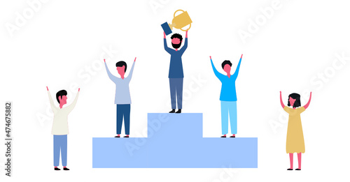 Golden trophy cup symbol of victory team Successful business team concept.