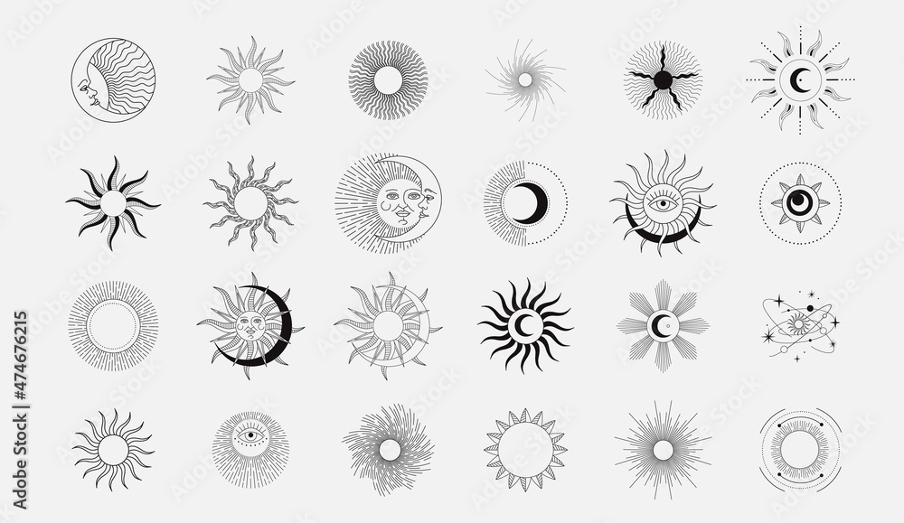 Set of celestial mystic esoteric and magic elements sun and moon with shine and sunburst. Alchemy tattoo object logo template. Vector