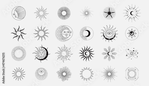 Set of celestial mystic esoteric and magic elements sun and moon with shine and sunburst. Alchemy tattoo object logo template. Vector