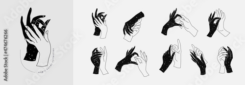 Spiritual esoteric magic logo or talisman with woman hands in silhouette style with stars. Alchemy mystic tattoo object logo template. Vector