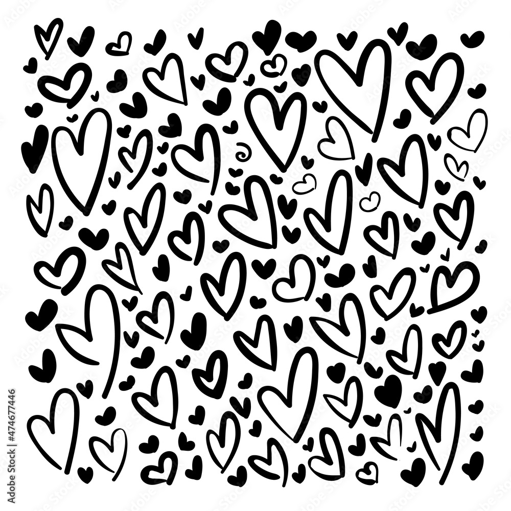 Heart shapes doodles collection. Black line sketches. Vector illustration, flat design