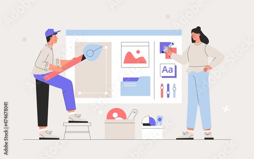 Creative teamwork male and female character designing new products or improving existing ones. Business brainstorming, UI UX design concept of creating an application. Flat style vector illustration.