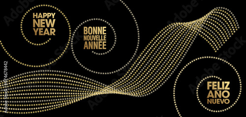 2022- Bannière artistique abstraite avec des spirales et ondulations formées d’étoiles - texte anglais, français et espagnol - traduction bonne nouvelle année.