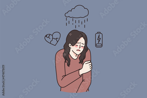 Unhappy young woman have different feeling, suffer from stress and anxiety. Upset anxious girl struggle with bipolar disorder or depression. Psychological and mental help. Flat vector illustration. 