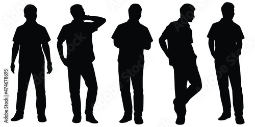 Set of standing young man silhouette vector isolated on white background