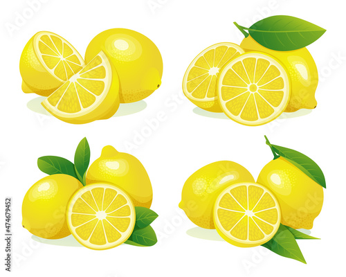 Set of fresh lemon whole and half cut with leaves illustration isolated on white background