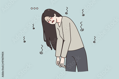 Tired young woman stressed overwhelmed with office work or studying. Exhausted girl feel fatigue or burnout, need sleep and relaxation. Overwork, workload concept. Flat vector illustration. 