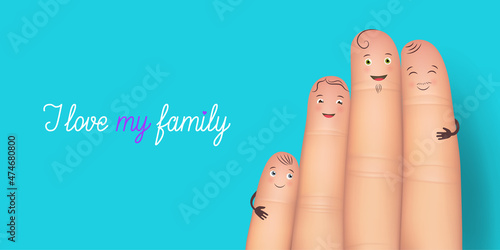 I love my family conceptual phrase with faces drawn on fingers. Finger family homosexual couple and their adopted kids hugging together realistic blue banner vector illustration.
