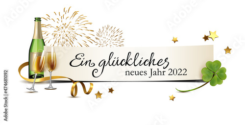 Neues Jahr Glückwunsch Banner mit Sekt, Feuerwerk, Kleeblatt und Schleife