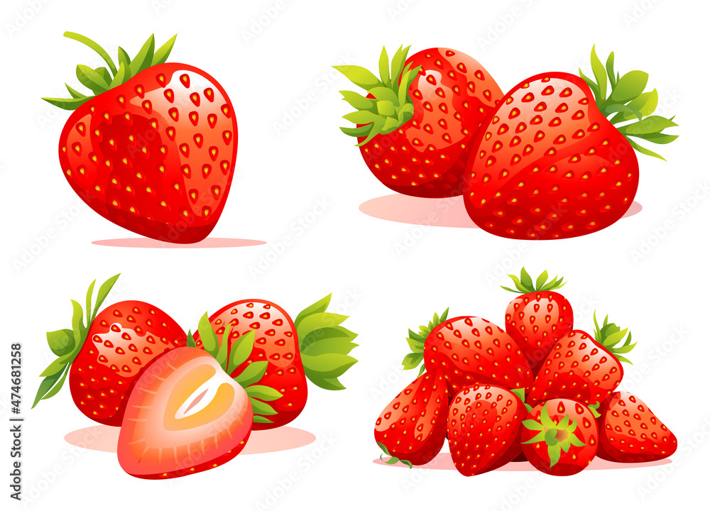 Set of fresh strawberry bunches, single and half cut illustration isolated on white background Set of fresh strawberry bunches, single and half cut illustration isolated on white background