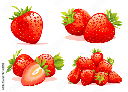 Set of fresh strawberry bunches, single and half cut illustration isolated on white background