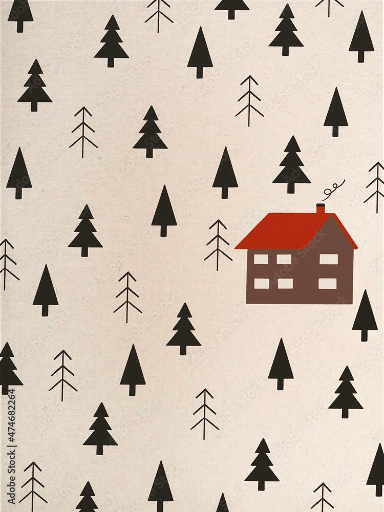 New Years pattern with Christmas trees and house New Years pattern with Christmas trees and house