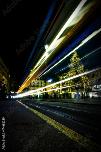 Christmas Tram Trails Shooting light trails from the trams in Basel, with the beautifully decorated Christmas Tree in the background.