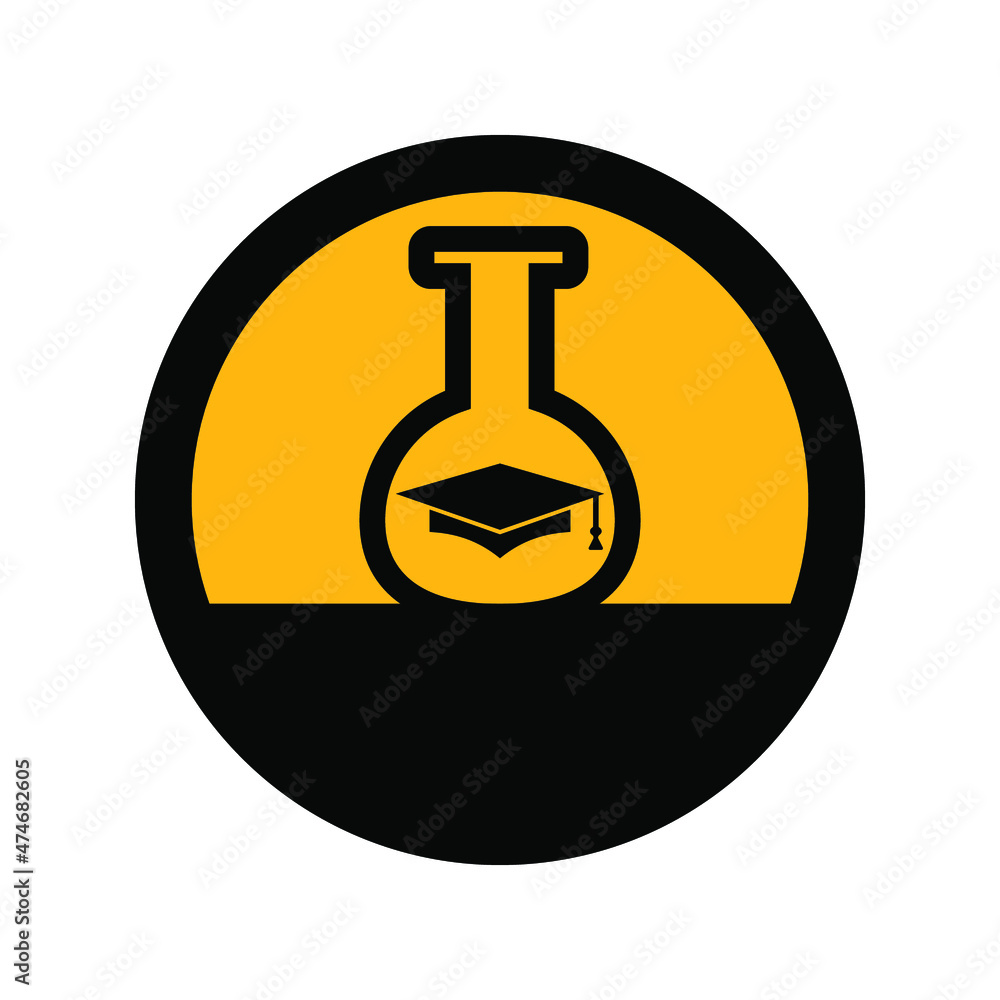 Flask and graduation cap, black and yellow colors, round sign a white background, vector illustration Flask and graduation cap, black and yellow colors, round sign a white background, vector illustration
