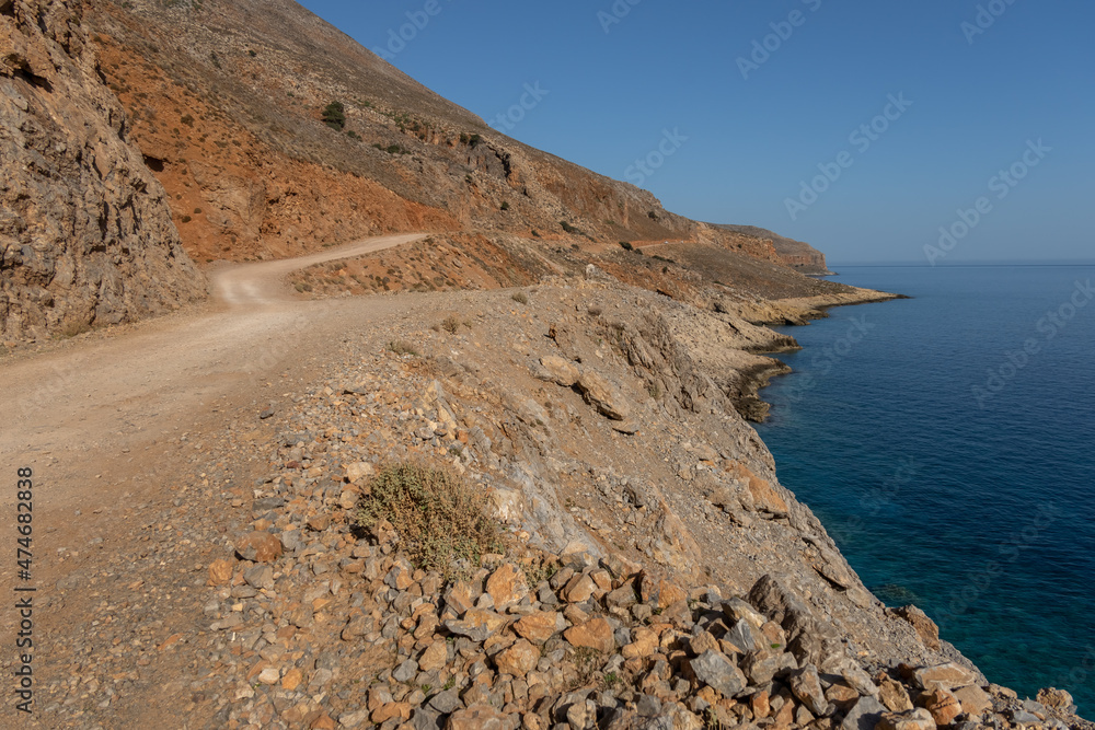 The stunning road to the remote beach of Balos on the western tip of the island of Crete, Greece