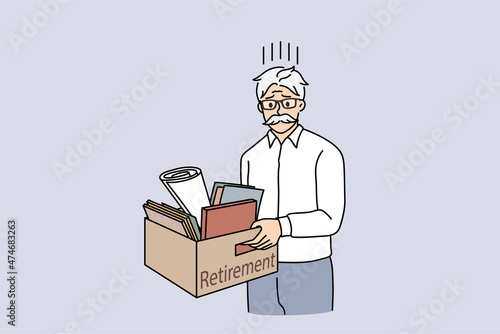 Getting retired at work concept. Sad mature man standing with belongings box and retirement lettering feeling frustrated and stressed vector illustration 