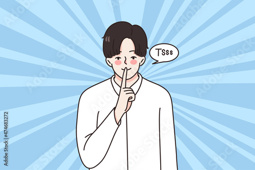 Young man hold finger at lips ask for silence and secrecy. Businessman or male employee please be quite, keep business project secret. Mystery and hidden plan concept. Flat vector illustration. 