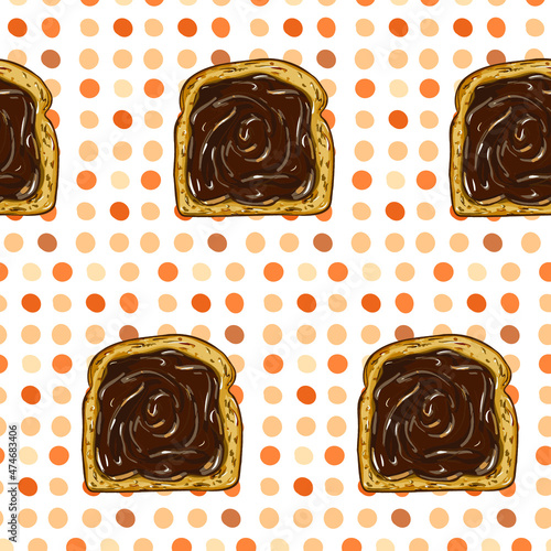 Chocolate paste toast vector pattern on the dotted pattern. Morning chocolate spread on the slice of bread. Cartoon style, bright wallpaper. Wrapping paper. Breakfast pattern. Orange, brown dots, spot