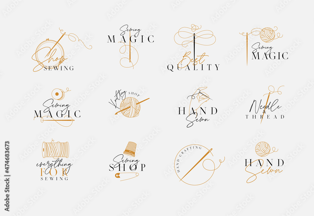 Sewing and knitting labels with lettering drawing in a classic sophisticated style beige color