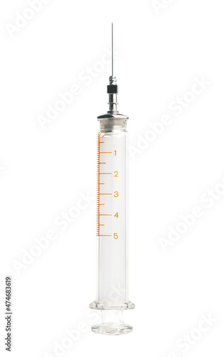 glass syringe with metal needle isolated on white background
