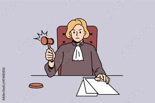 Working as judge in court concept. Serious woman judge sitting and processing sitting trial with official papers finishing process vector illustration 