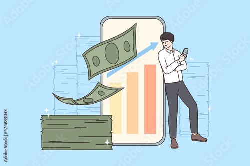 Happy successful young businessman stand near huge smartphone get dividend from investment on web stock exchange market. Smiling man receive passive profit or income trade on cellphone. Vector. 